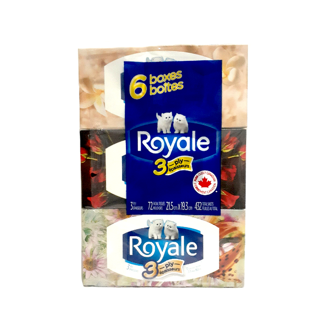 Royale 3 Ply Facial Tissues -72 Tissue Per Box (Pack of 6)