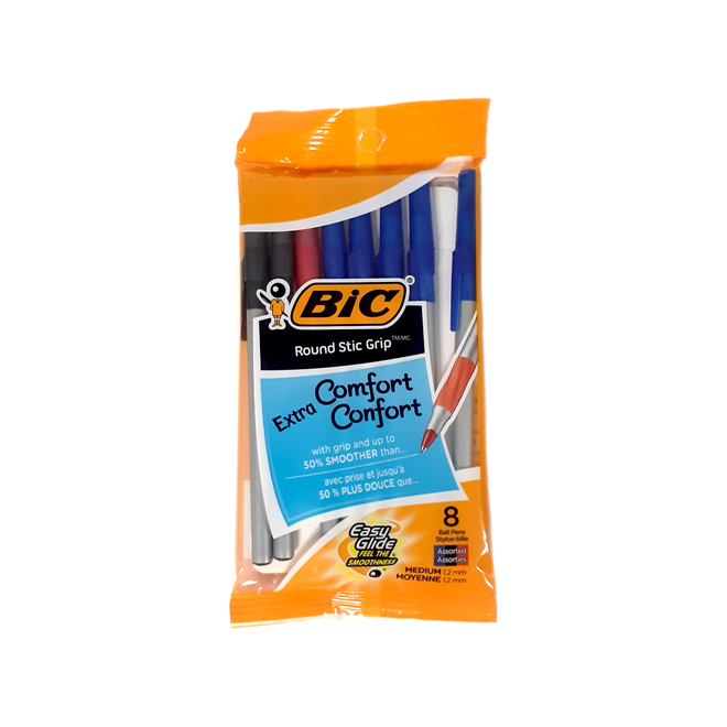 Bic Round Stic Grip Medium Ball Point Pen Assorted Colors (Pack of 8)