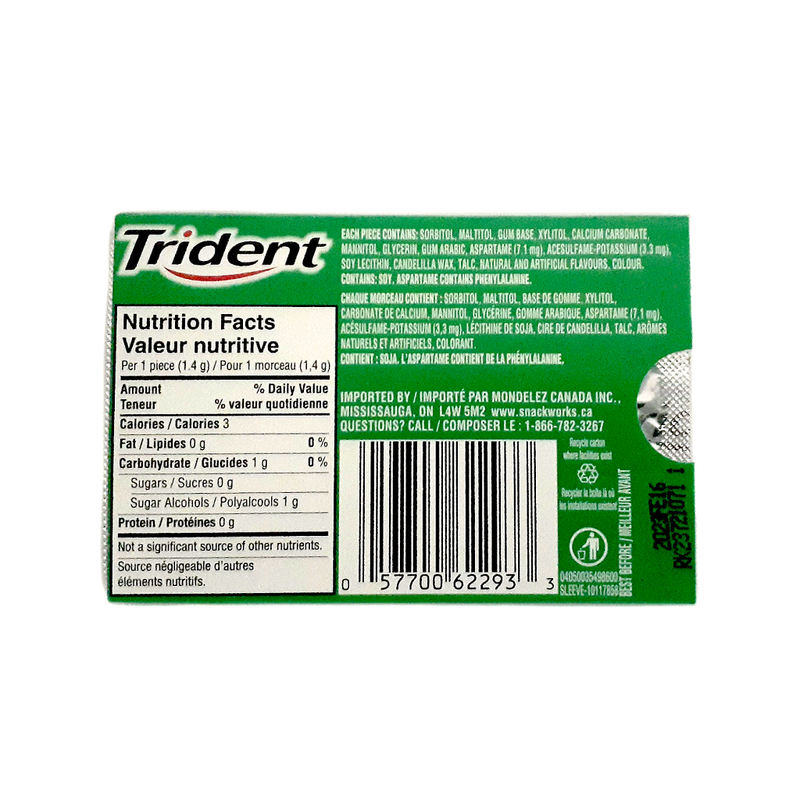 Trident Spearmint Flavour Sugar Free Gum, 12 Piece Pack