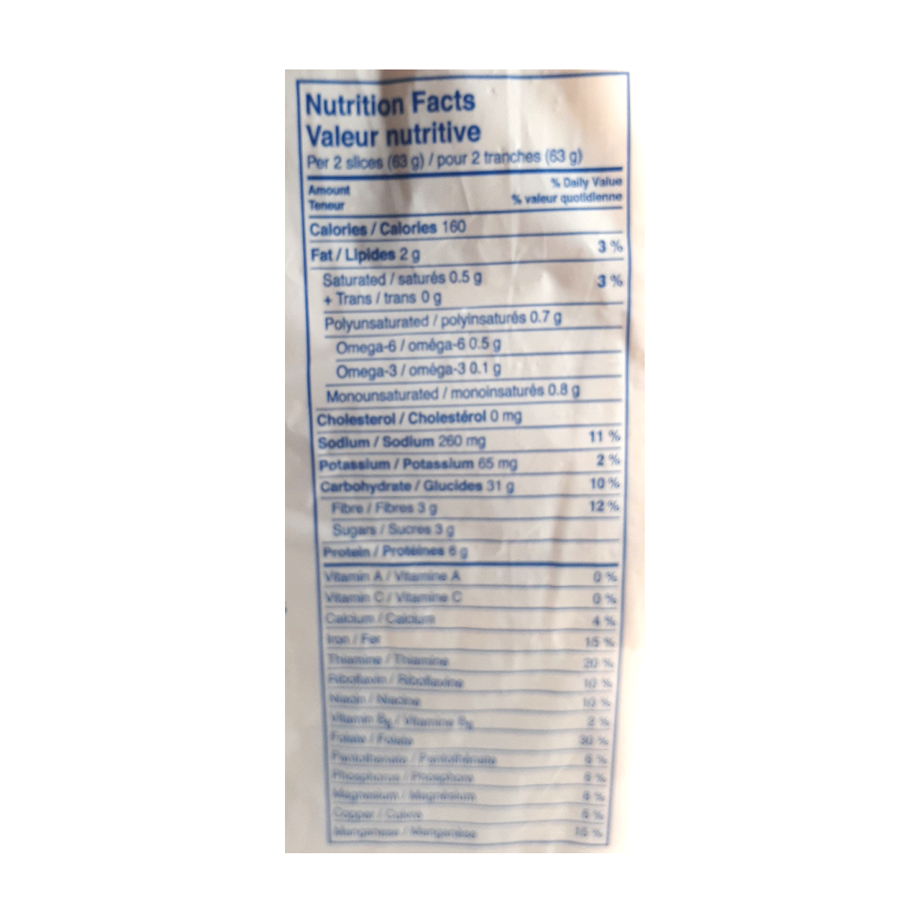 wonder bread nutrition label